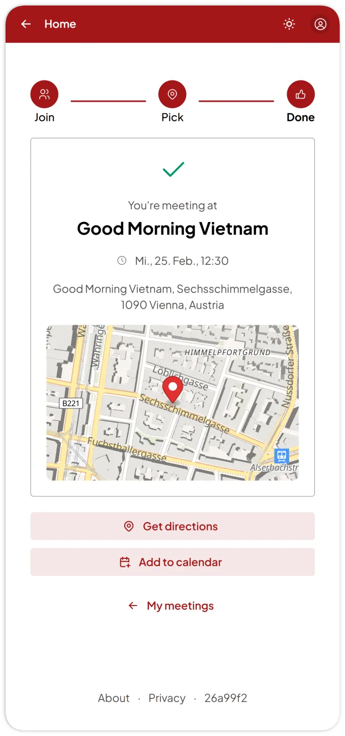 Confirmed meeting place with directions
