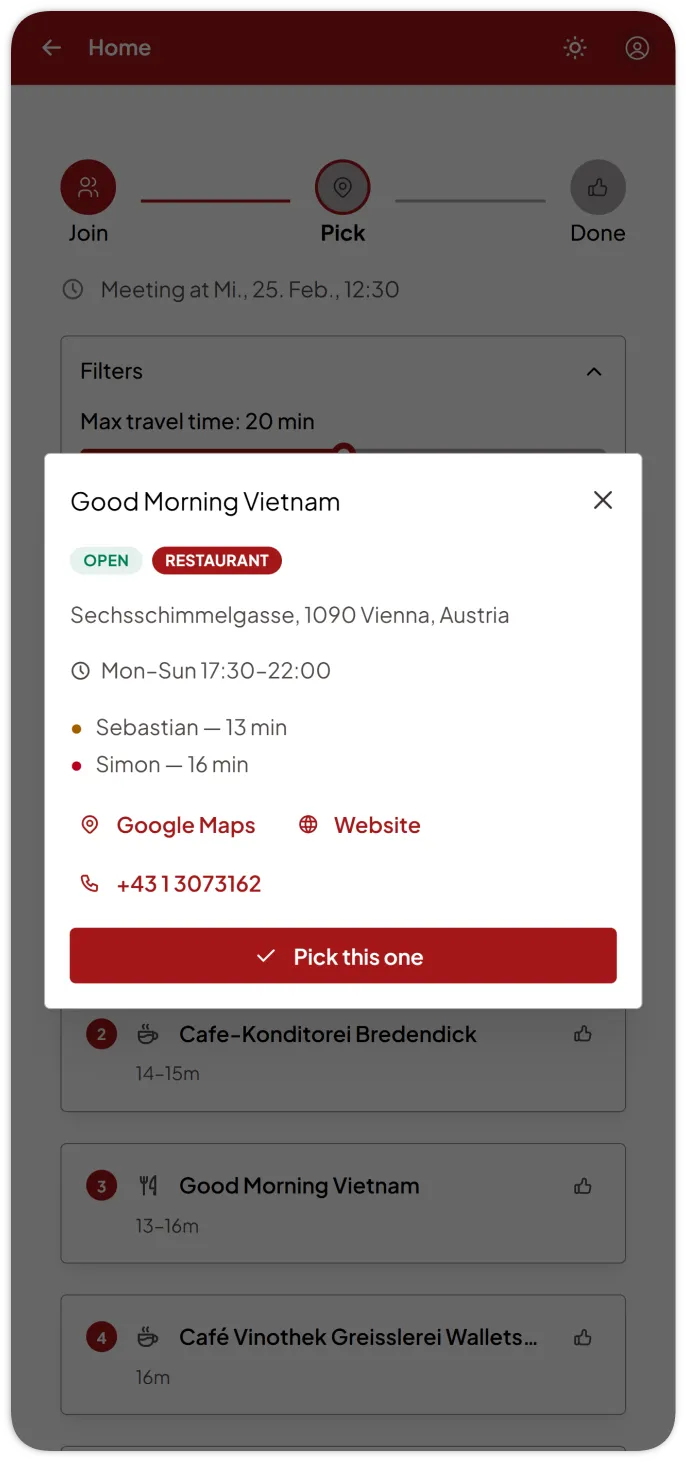 Place details with travel times per participant