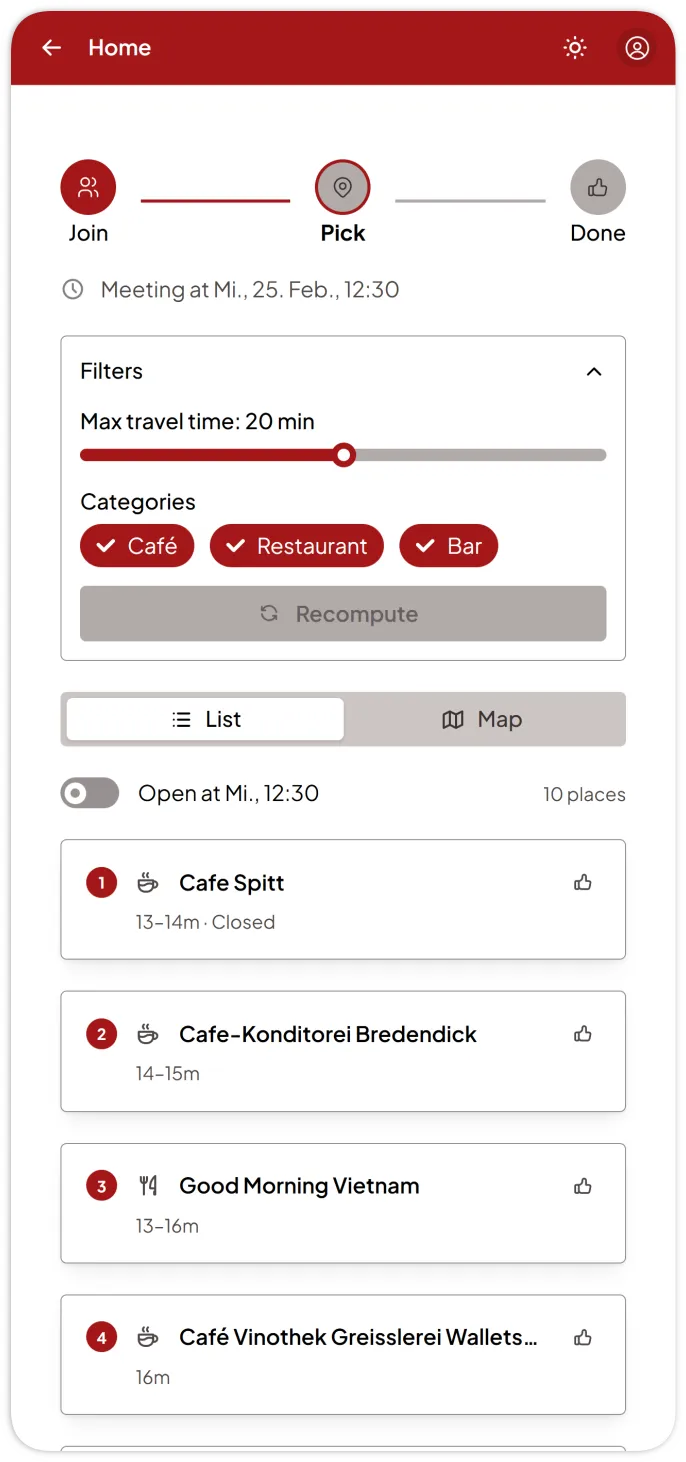 List of places sorted by travel time